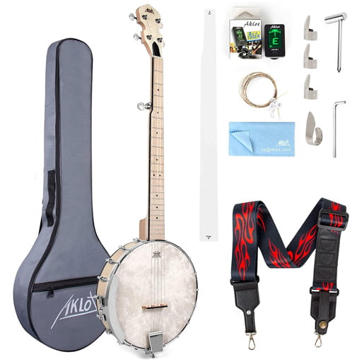 AKLOT 5 String Banjos Full Size Open Back Banjo Adjustable Maple Body Remo Head with 2 Tuning Wrench, 4 Picks, Strings, Tuner, Strap Ruler, Cleaning Cloth